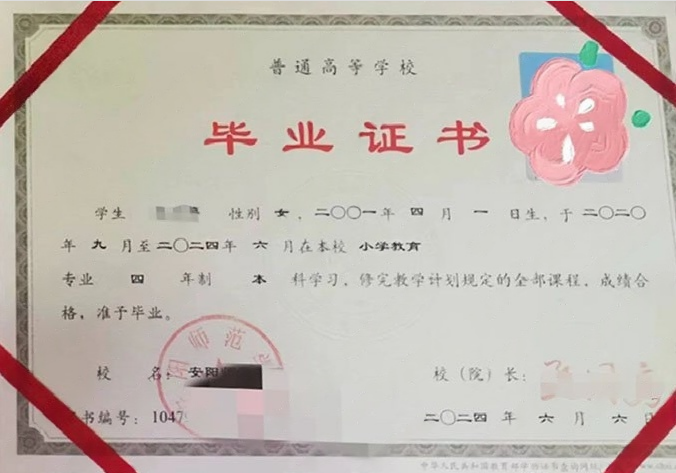 安阳师范学院2024年普通全日制本科毕业证书样本图片（小学教育）
